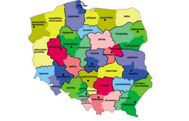 Mapa diecezji w Polsce
po reformie administracyjnej Kościoła
z 1992 r.