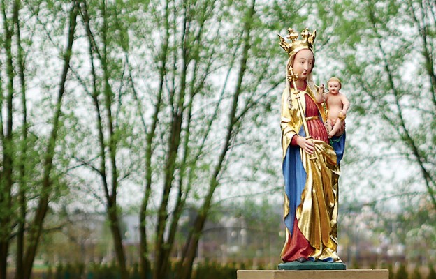 Figura Matki Bożej Rzeszowskiej przy katedrze w Rzeszowie. W tle Park Papieski