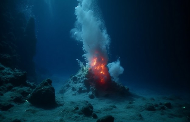 Wybuch podwodnego wulkanu. Obok jego charakterystyczny kształt i ławice ryb, które krążą nad nim tuż przed erupcją