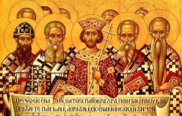 Cesarz Konstantyn i członkowie rady soboru prezentujący Credo nicejskie. Mozaika