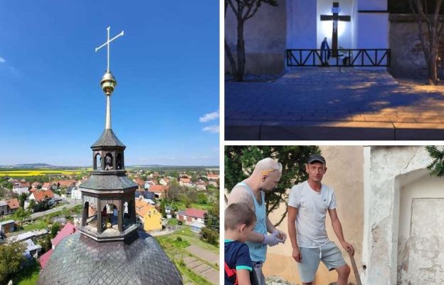 Krzyż na wieży kościoła i wyremontowana kapliczka przez mieszkańców wsi 