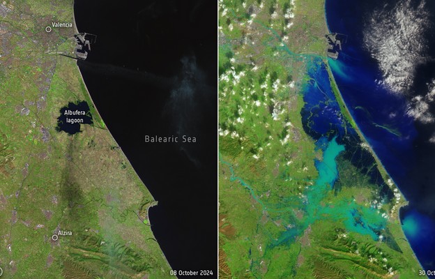 Zdjęcie kompozytowe przedstawia amerykańskie zdjęcia satelitarne wschodniej prowincji Walencji w dniach 08.10.24  i 30.10.24, ilustrujące skalę największej powodzi w Hiszpanii od dziesięcioleci.